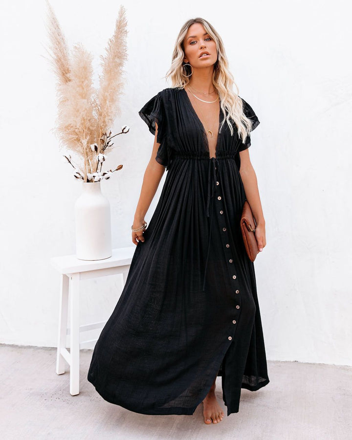 Ravenna | Deep V Button-Front Flutter Sleeve Boho Dress