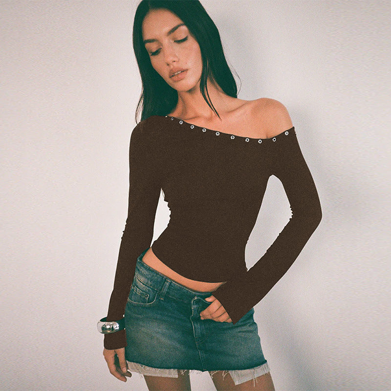Rebel | Grommet Off Shoulder Crop Top – Women's Long Sleeve Going Out Top