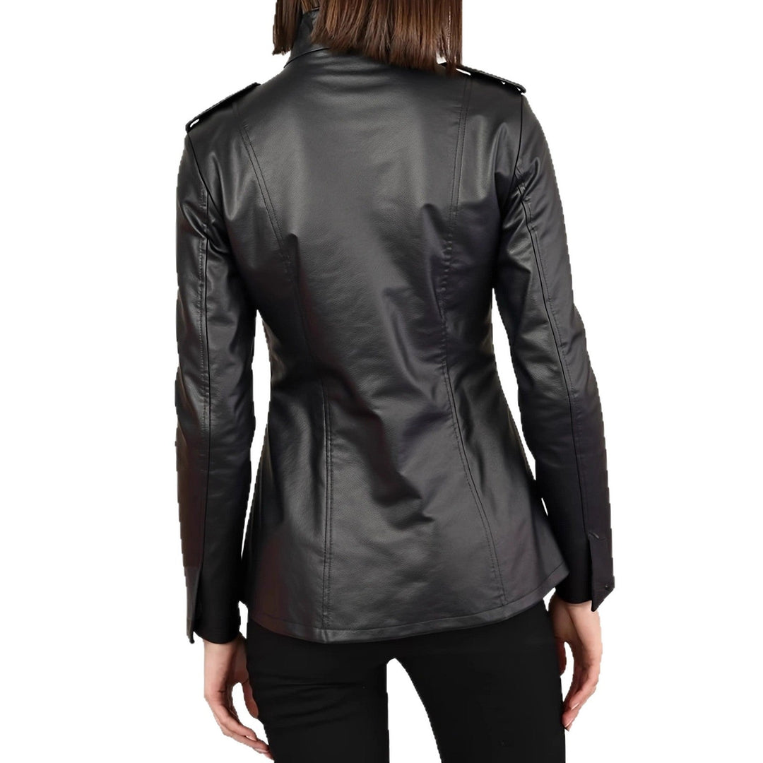 Sloane | Tailored Stand-Collar Leather Jacket with Epaulette Detail
