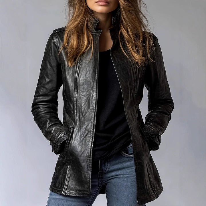 Sloane | Tailored Stand-Collar Leather Jacket with Epaulette Detail