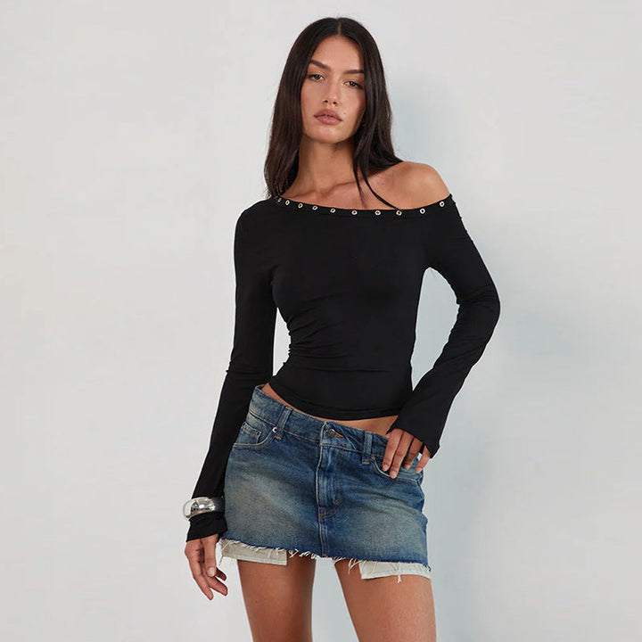 Rebel | Grommet Off Shoulder Crop Top – Women's Long Sleeve Going Out Top