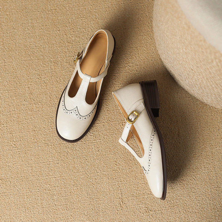 Beatrice | Pebbled Leather T-Bar Brogue Mary Jane Flats