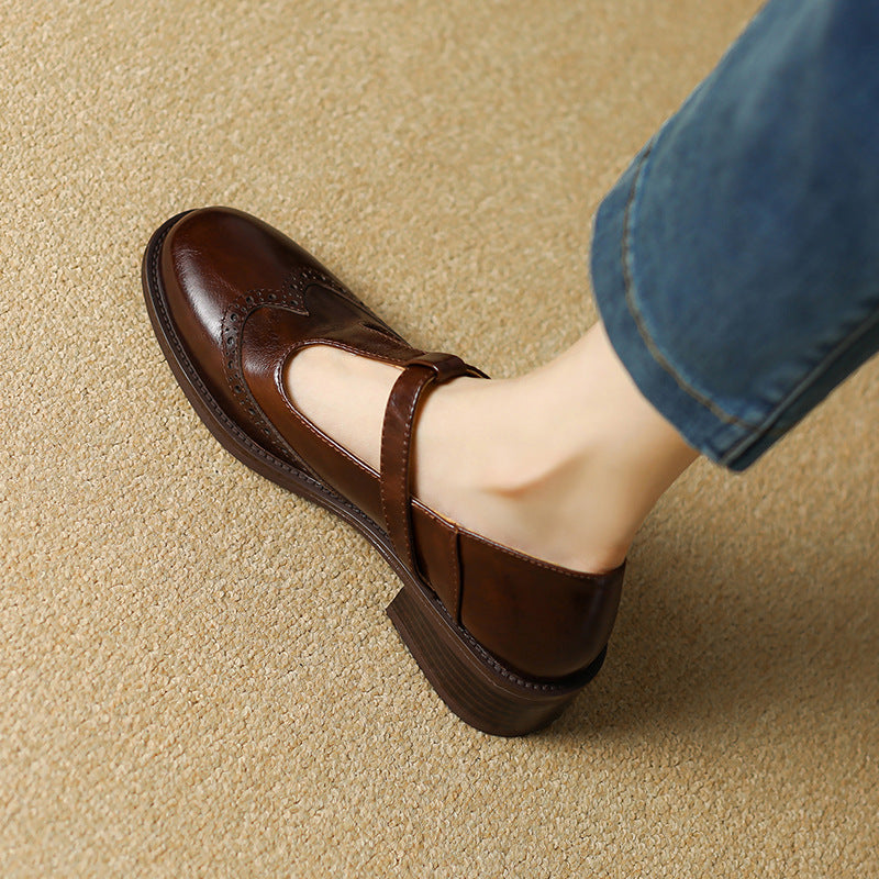 Beatrice | Pebbled Leather T-Bar Brogue Mary Jane Flats