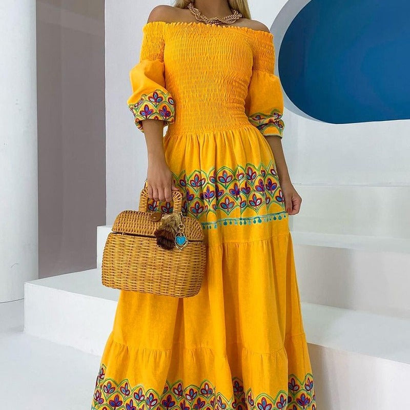 Marisol | Off-Shoulder Smocked Embroidered Boho Dress