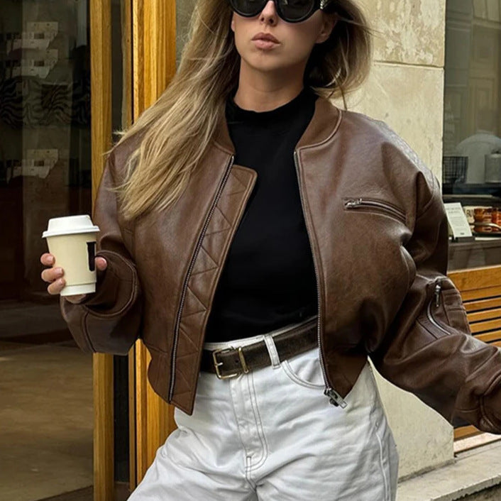 Coco | Cropped Quilted-Panel Leather Jacket with Band Collar