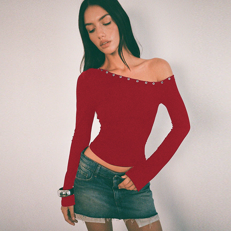 Rebel | Grommet Off Shoulder Crop Top – Women's Long Sleeve Going Out Top