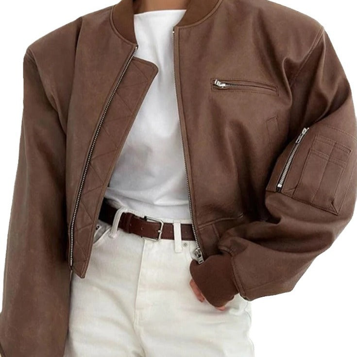 Coco | Cropped Quilted-Panel Leather Jacket with Band Collar