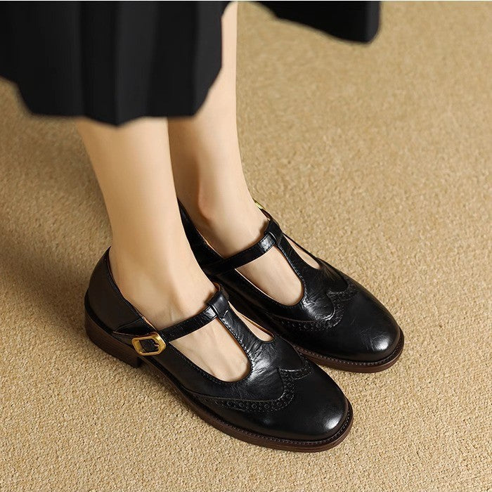 Beatrice | Pebbled Leather T-Bar Brogue Mary Jane Flats