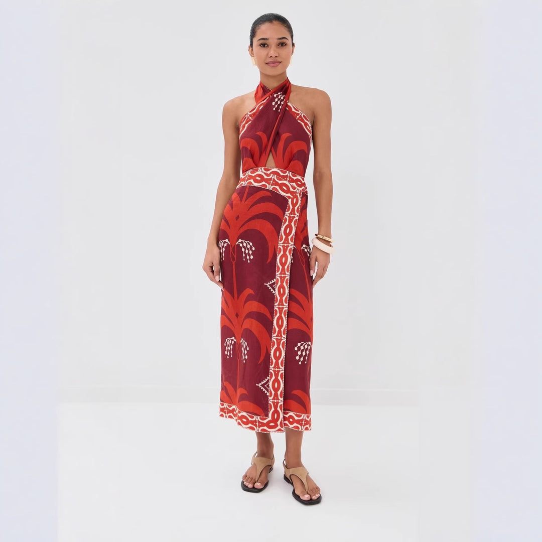 Solange | Tropical Print Halter Wrap Cutout Boho Dress