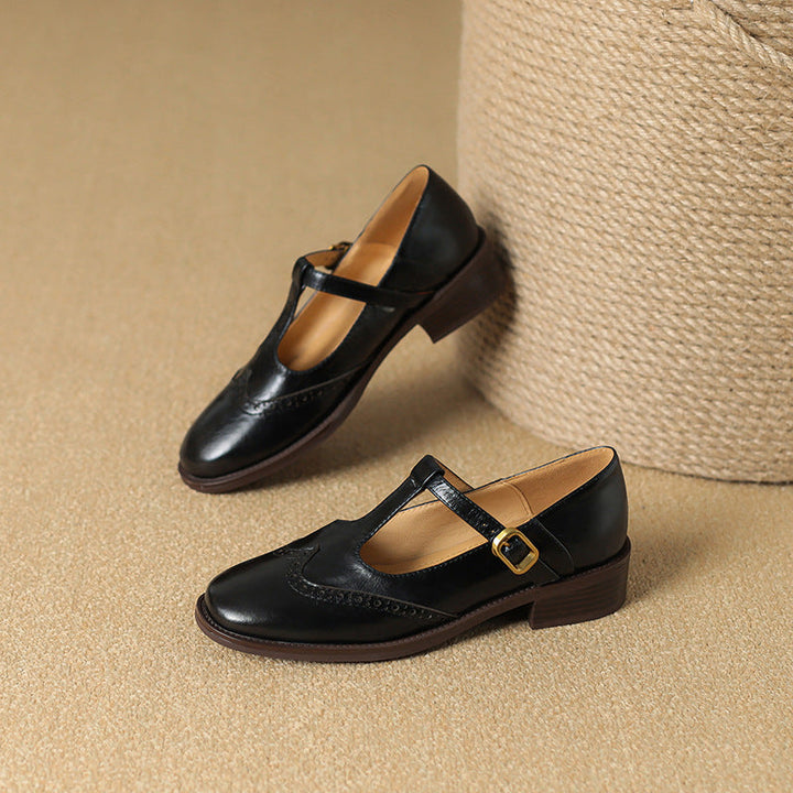 Beatrice | Pebbled Leather T-Bar Brogue Mary Jane Flats