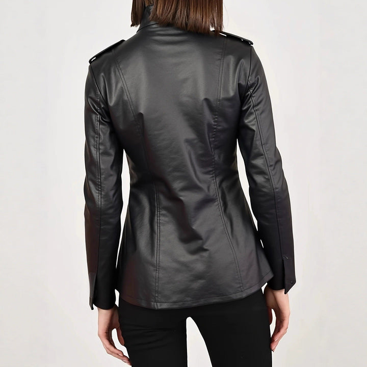 Sloane | Tailored Stand-Collar Leather Jacket with Epaulette Detail