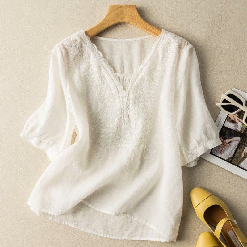 Indigo | Embroidered V Neck Button Linen Womens Blouse