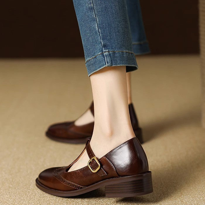 Beatrice | Pebbled Leather T-Bar Brogue Mary Jane Flats