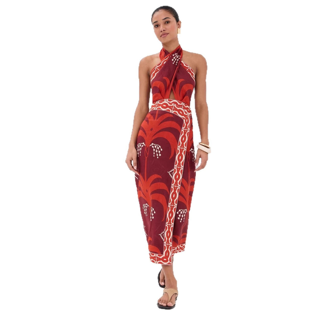 Solange | Tropical Print Halter Wrap Cutout Boho Dress