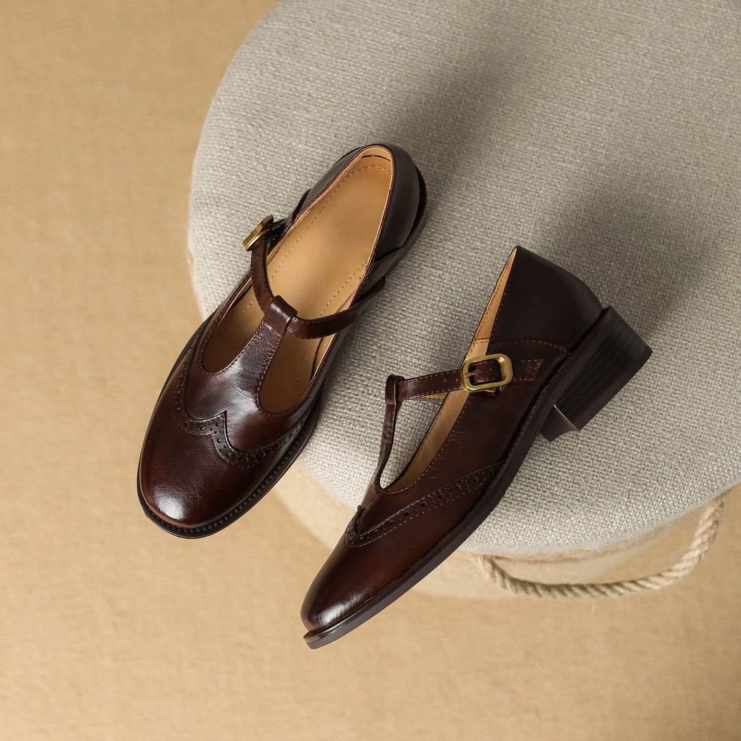 Beatrice | Pebbled Leather T-Bar Brogue Mary Jane Flats