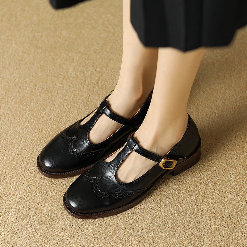 Beatrice | Pebbled Leather T-Bar Brogue Mary Jane Flats