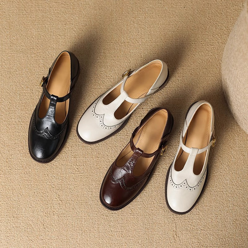 Beatrice | Pebbled Leather T-Bar Brogue Mary Jane Flats