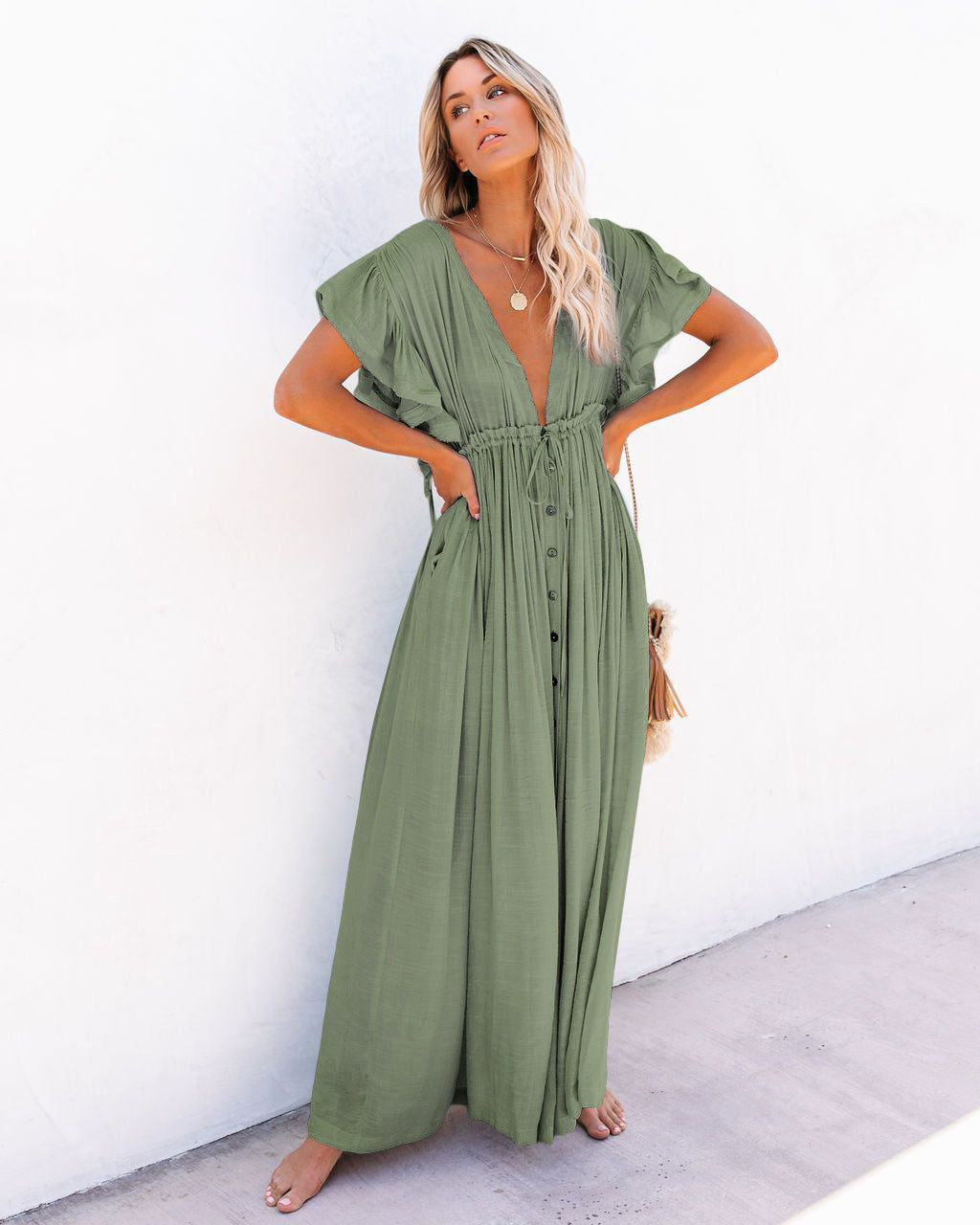 Ravenna | Deep V Button-Front Flutter Sleeve Boho Dress