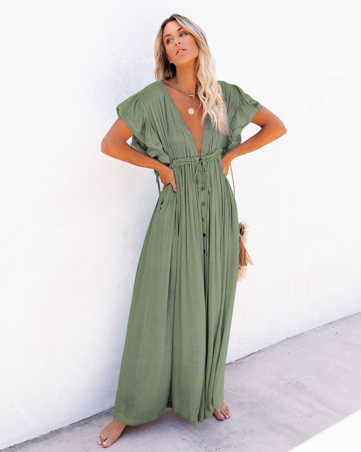 Ravenna | Deep V Button-Front Flutter Sleeve Boho Dress
