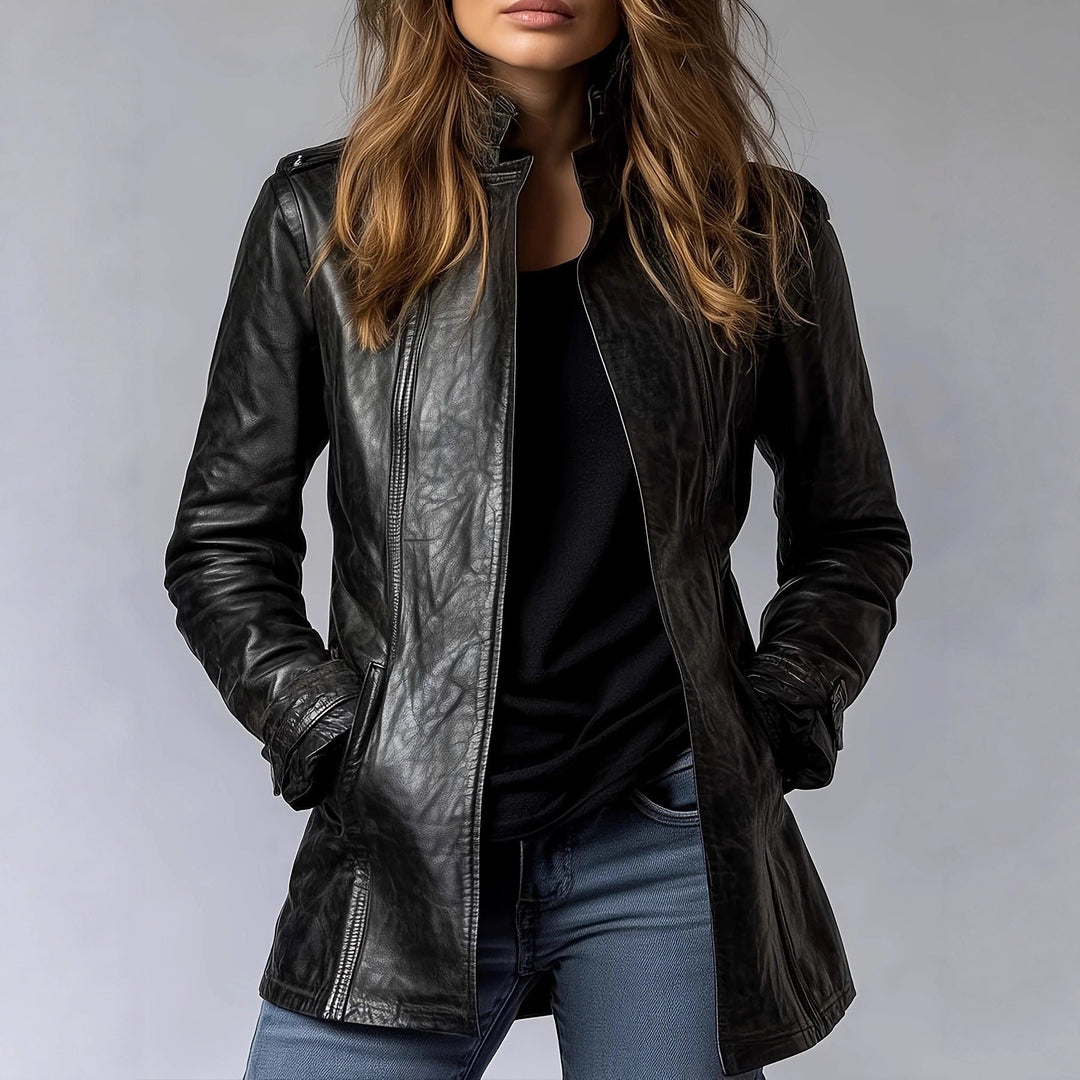 Sloane | Tailored Stand-Collar Leather Jacket with Epaulette Detail