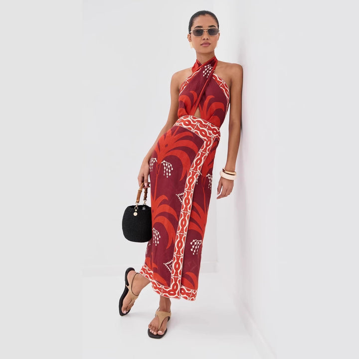 Solange | Tropical Print Halter Wrap Cutout Boho Dress
