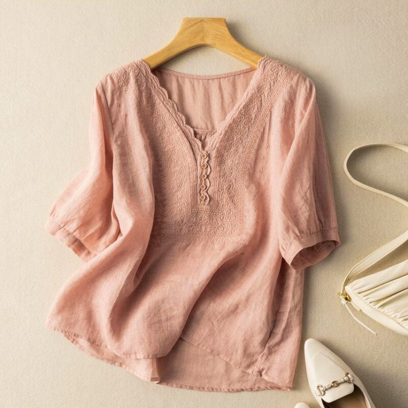Indigo | Embroidered V Neck Button Linen Womens Blouse