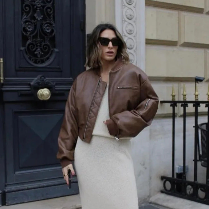 Coco | Cropped Quilted-Panel Leather Jacket with Band Collar
