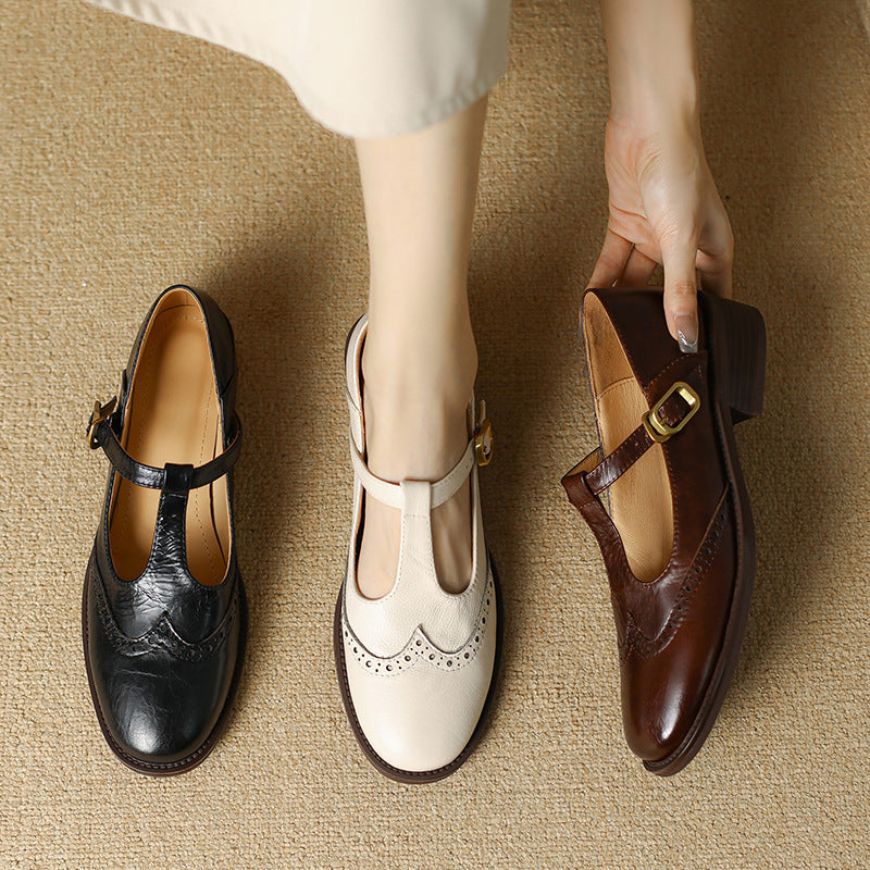 Beatrice | Pebbled Leather T-Bar Brogue Mary Jane Flats