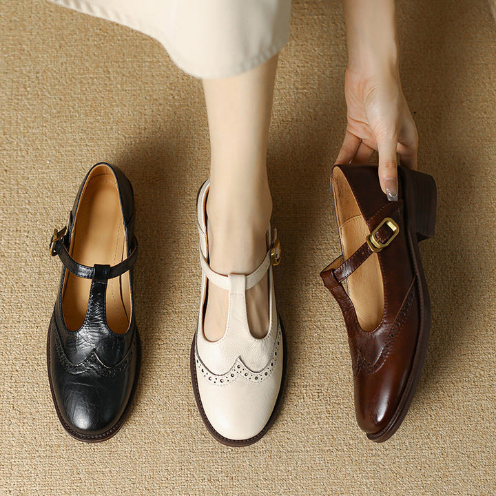 Beatrice | Pebbled Leather T-Bar Brogue Mary Jane Flats