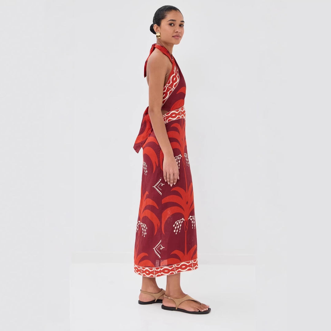 Solange | Tropical Print Halter Wrap Cutout Boho Dress