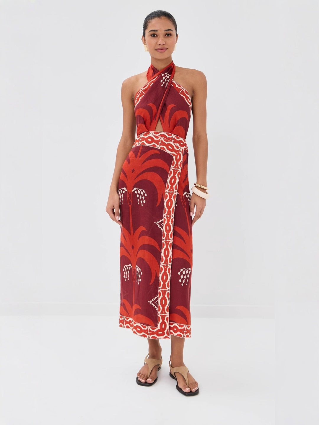 Solange | Tropical Print Halter Wrap Cutout Boho Dress