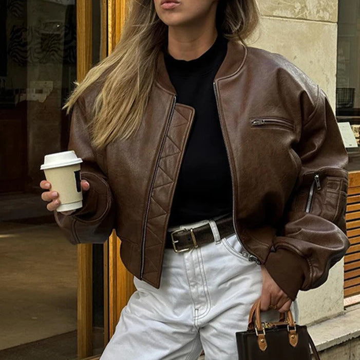 Coco | Cropped Quilted-Panel Leather Jacket with Band Collar