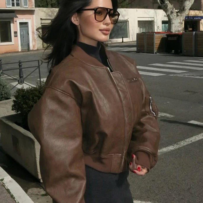 Coco | Cropped Quilted-Panel Leather Jacket with Band Collar