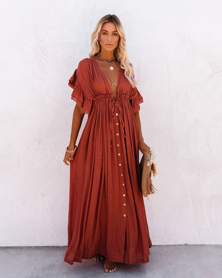 Ravenna | Deep V Button-Front Flutter Sleeve Boho Dress
