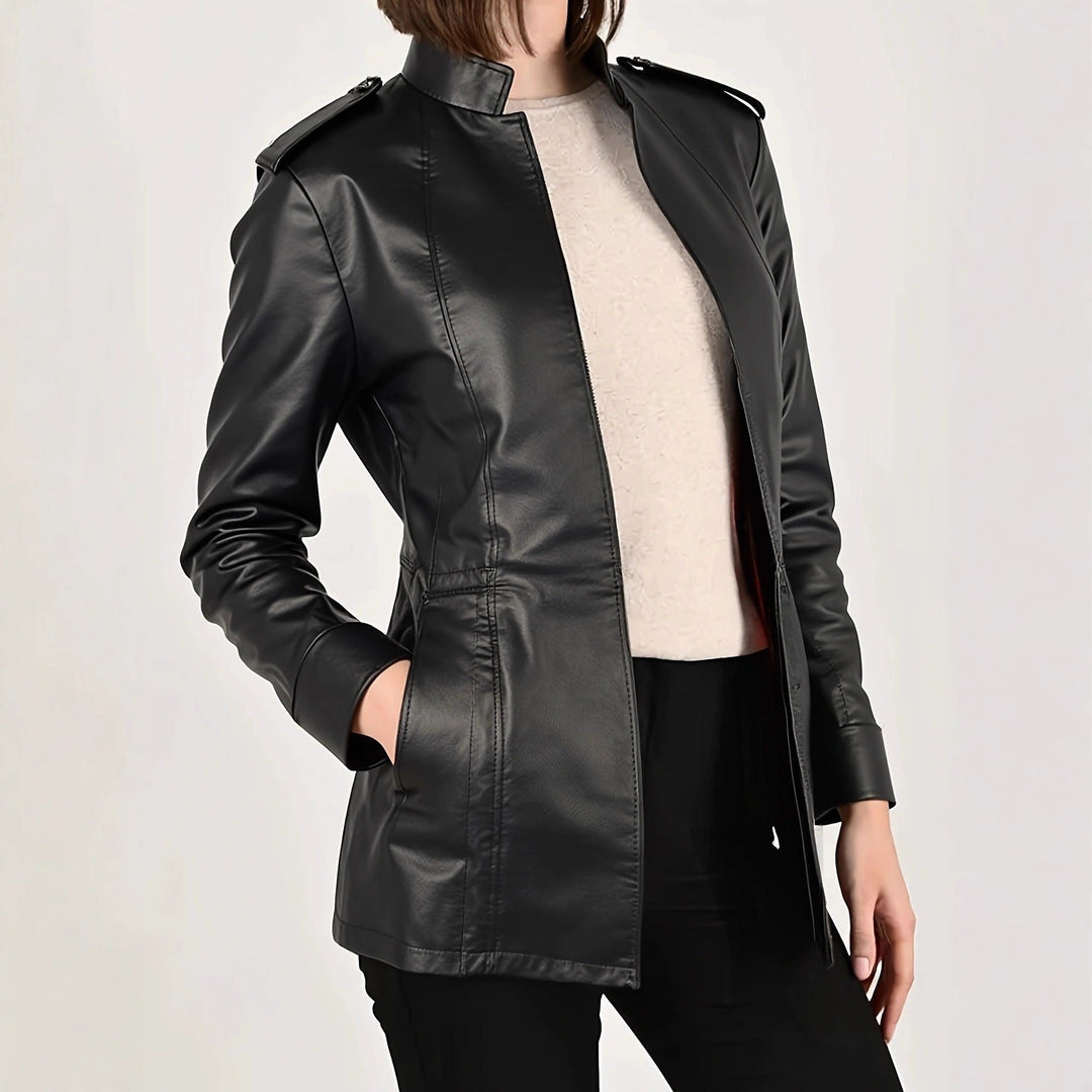 Sloane | Tailored Stand-Collar Leather Jacket with Epaulette Detail