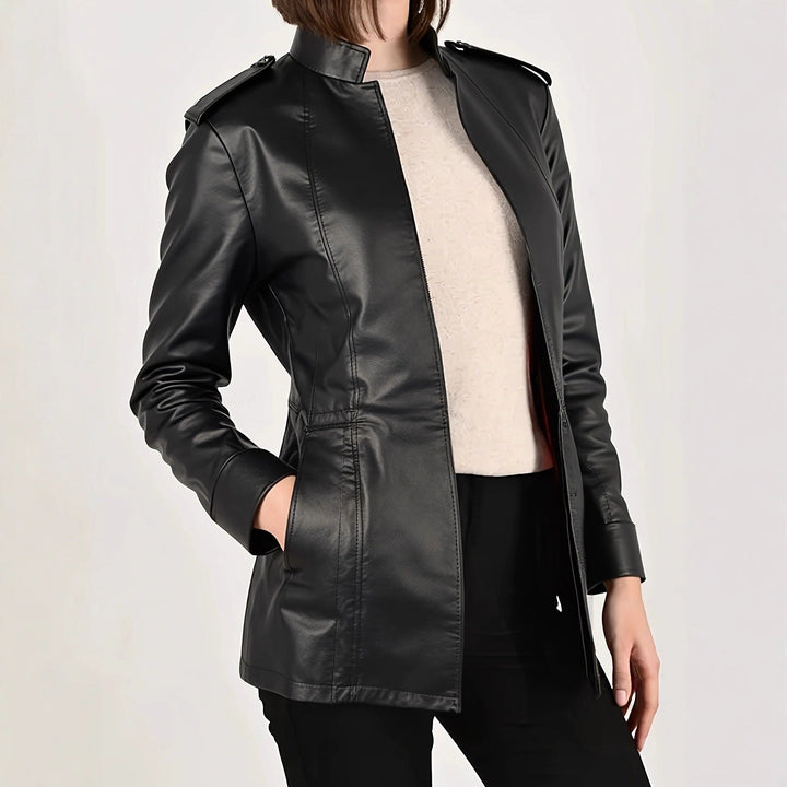 Sloane | Tailored Stand-Collar Leather Jacket with Epaulette Detail
