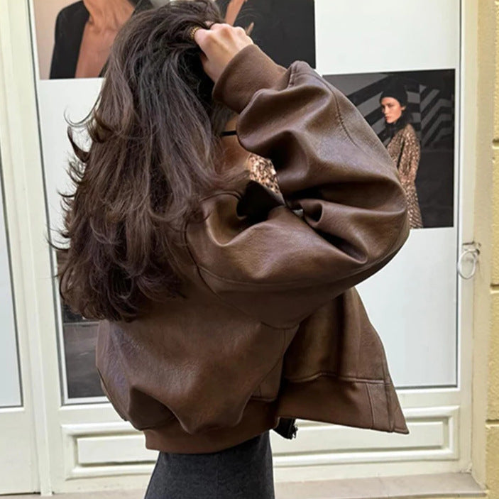 Coco | Cropped Quilted-Panel Leather Jacket with Band Collar