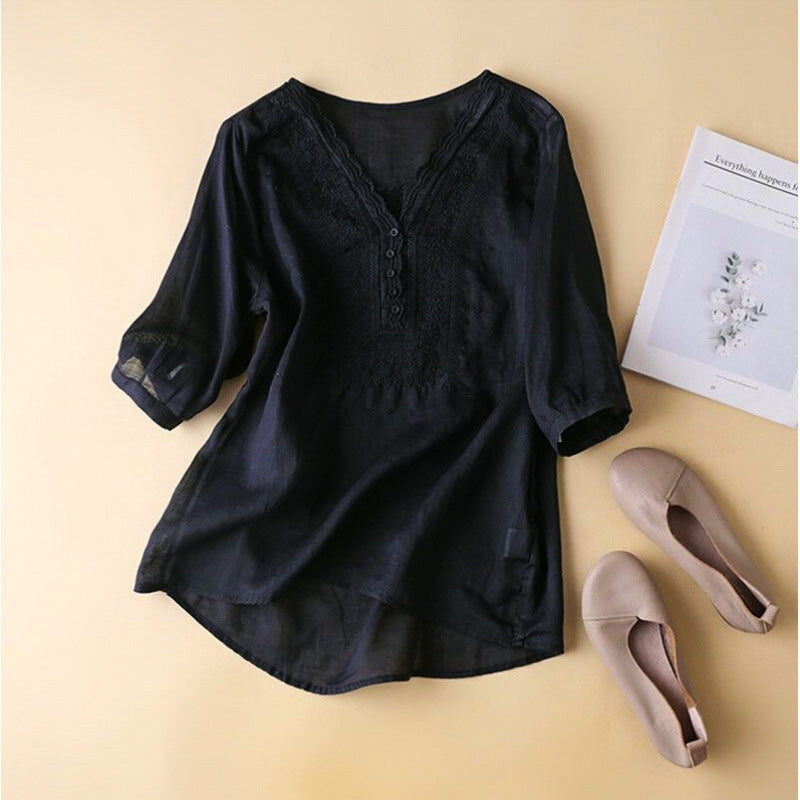 Indigo | Embroidered V Neck Button Linen Womens Blouse