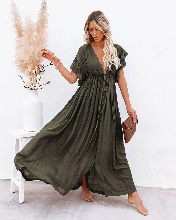 Ravenna | Deep V Button-Front Flutter Sleeve Boho Dress