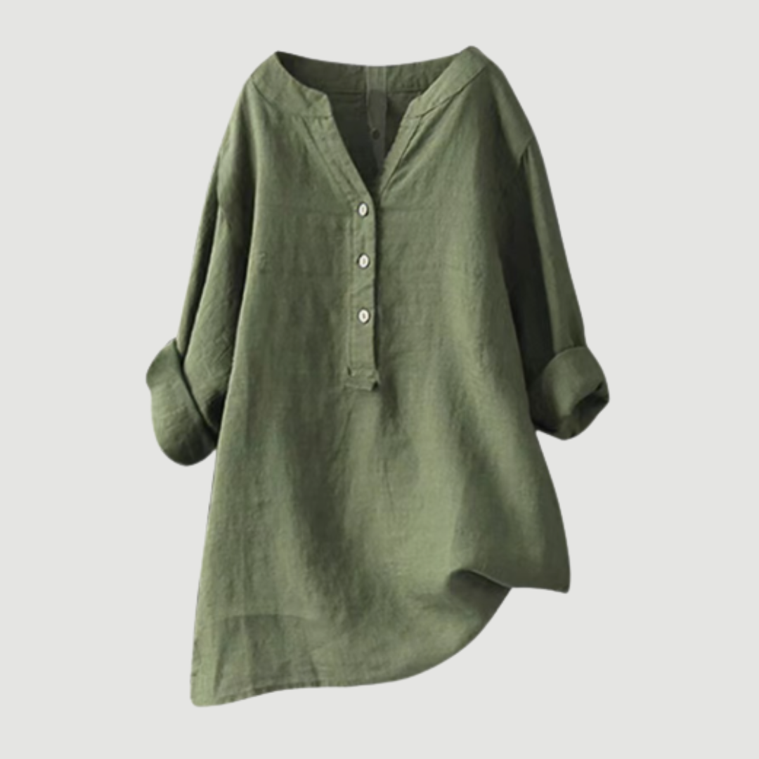 Roseau | V-Neck Linen Button-Up Tunic Blouse