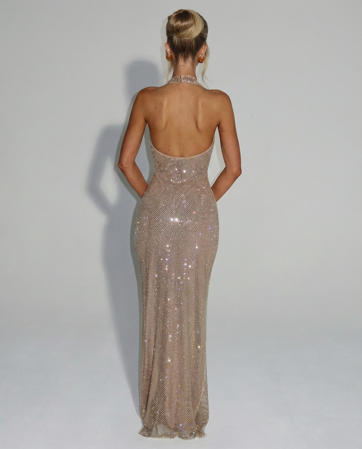 Stellara | Crystal Embellished Deep V Halter Neck Maxi Dress