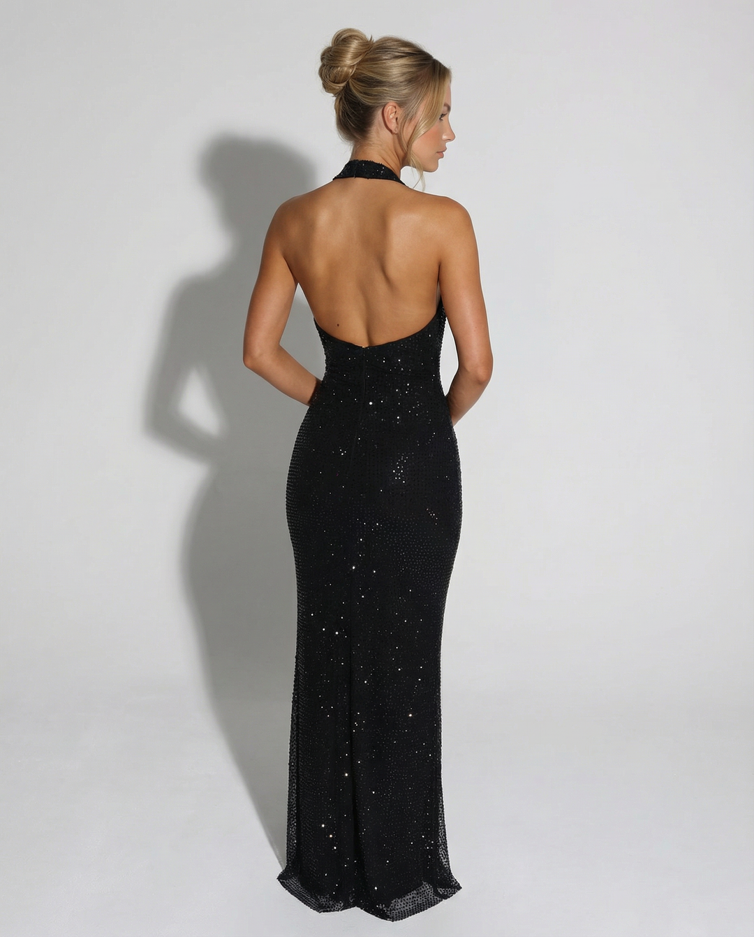 Stellara | Crystal Embellished Deep V Halter Neck Maxi Dress