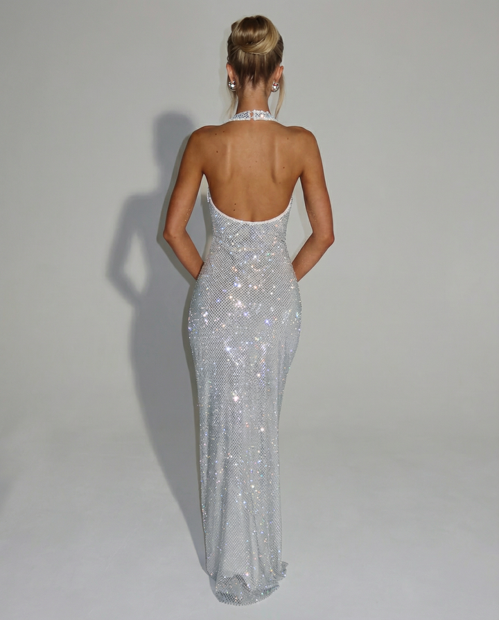 Stellara | Crystal Embellished Deep V Halter Neck Maxi Dress