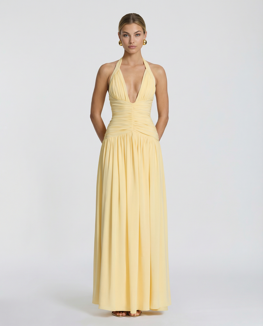 Aurore | Ruched Deep V Split Halter Neck Maxi Dress