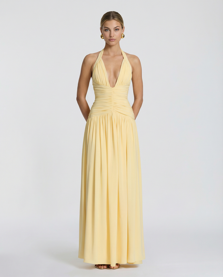 Aurore | Ruched Deep V Split Halter Neck Maxi Dress