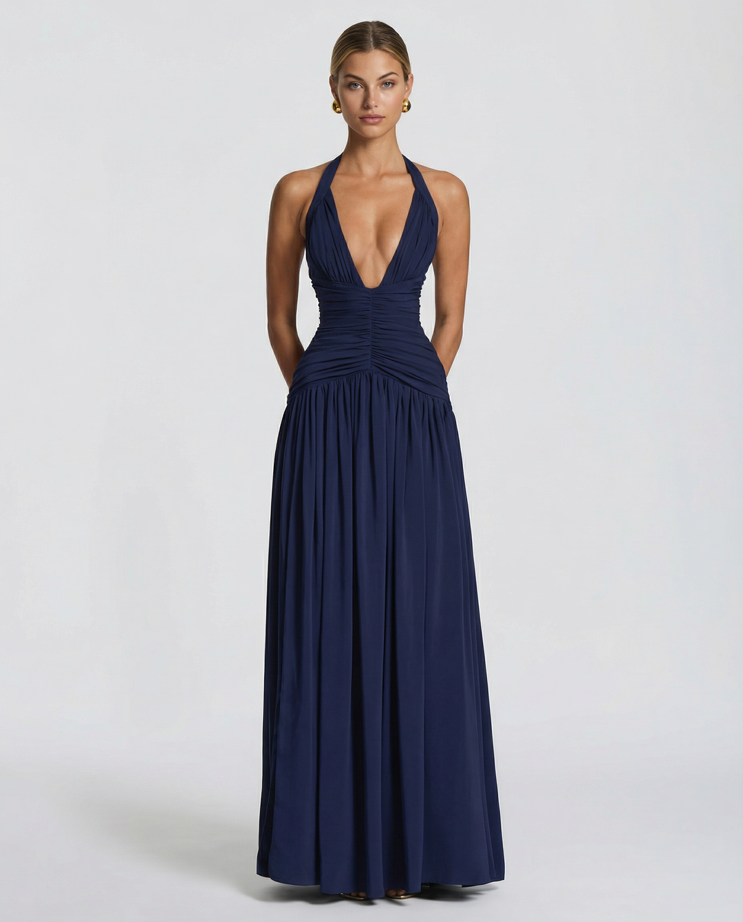 Aurore | Ruched Deep V Split Halter Neck Maxi Dress