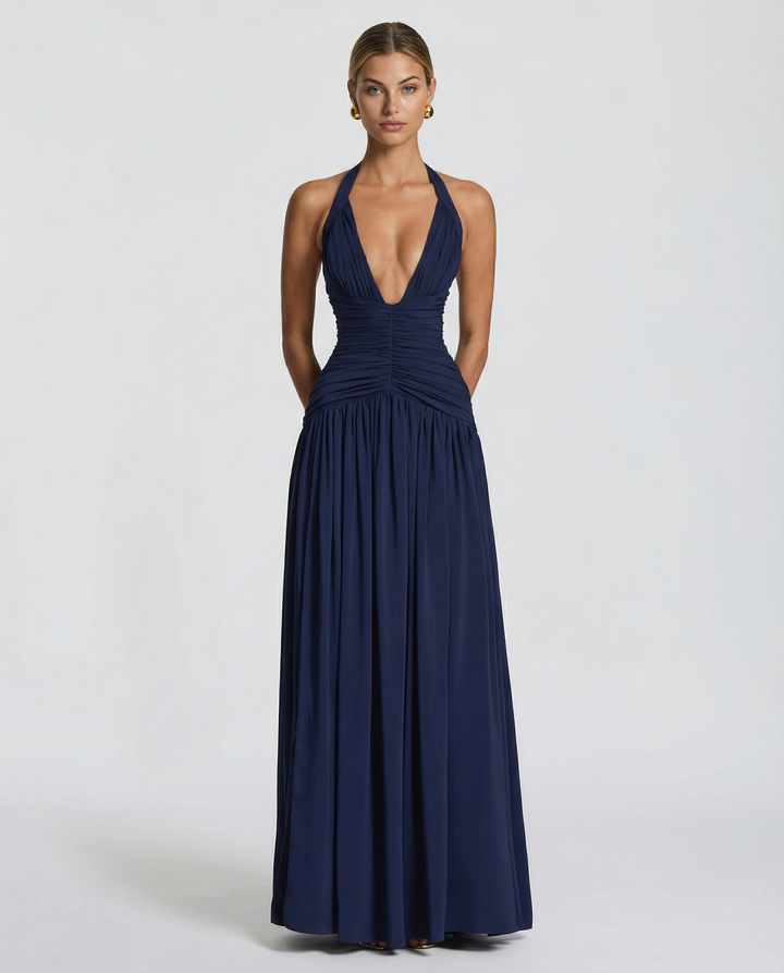 Aurore | Ruched Deep V Split Halter Neck Maxi Dress