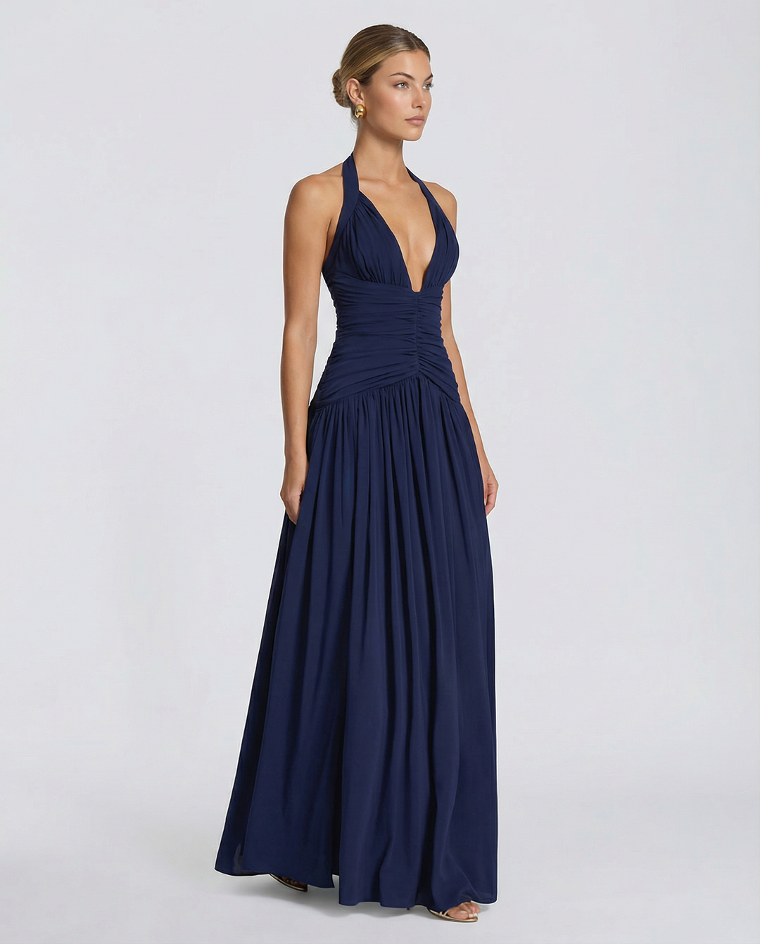 Aurore | Ruched Deep V Split Halter Neck Maxi Dress