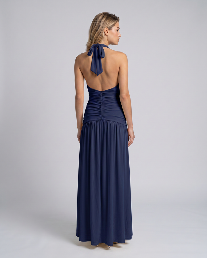 Aurore | Ruched Deep V Split Halter Neck Maxi Dress