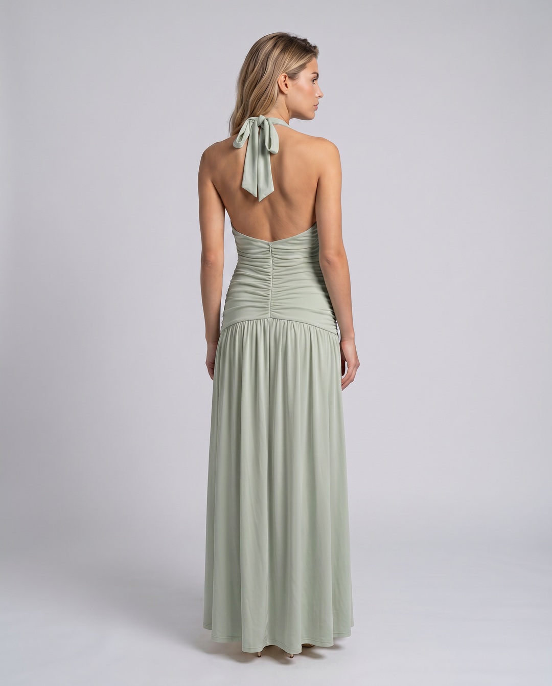 Aurore | Ruched Deep V Split Halter Neck Maxi Dress